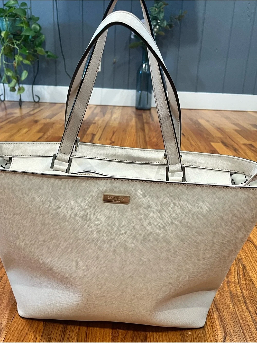 kate spade Cream Structured Saffiano Tote with Gold Plaque
